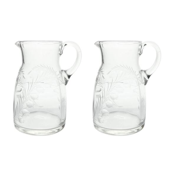 Antique Pair of Etched Lily of The Valley Small French Jug Pitchers 5.5” 18oz - Picture 1 of 9